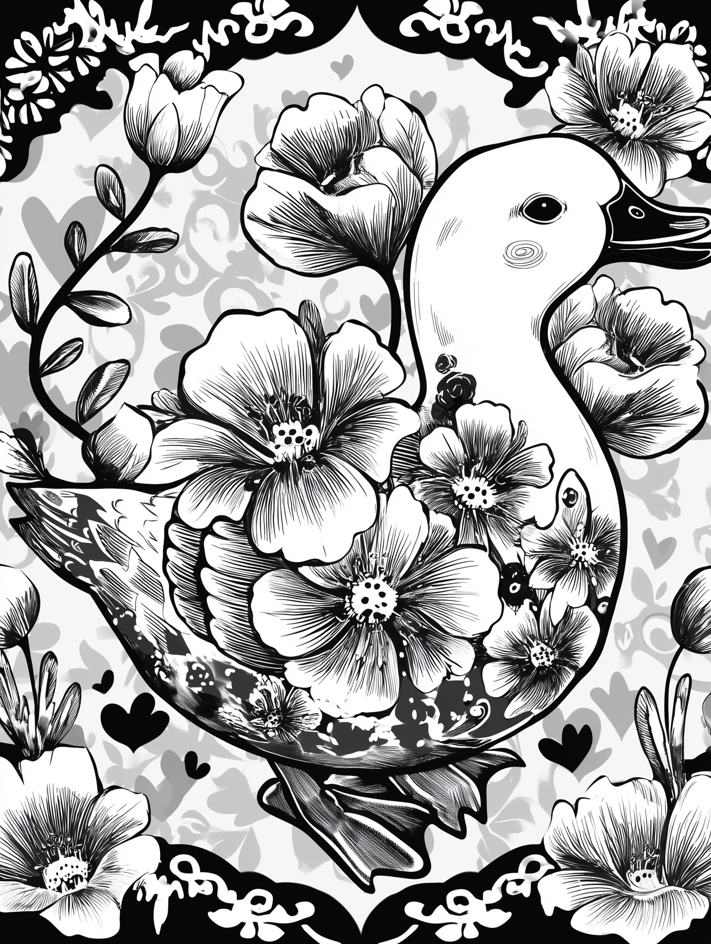 Free printable duck coloring page for adults featuring a floral style duck